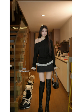 磊磊【暗香疏影】斜肩拼色上衣   一字领褶皱长袖T恤女打底88236