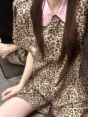 甜酷豹纹黑皮kitty刺绣睡衣女春秋宋雨琦同款天丝棉可外穿家居服