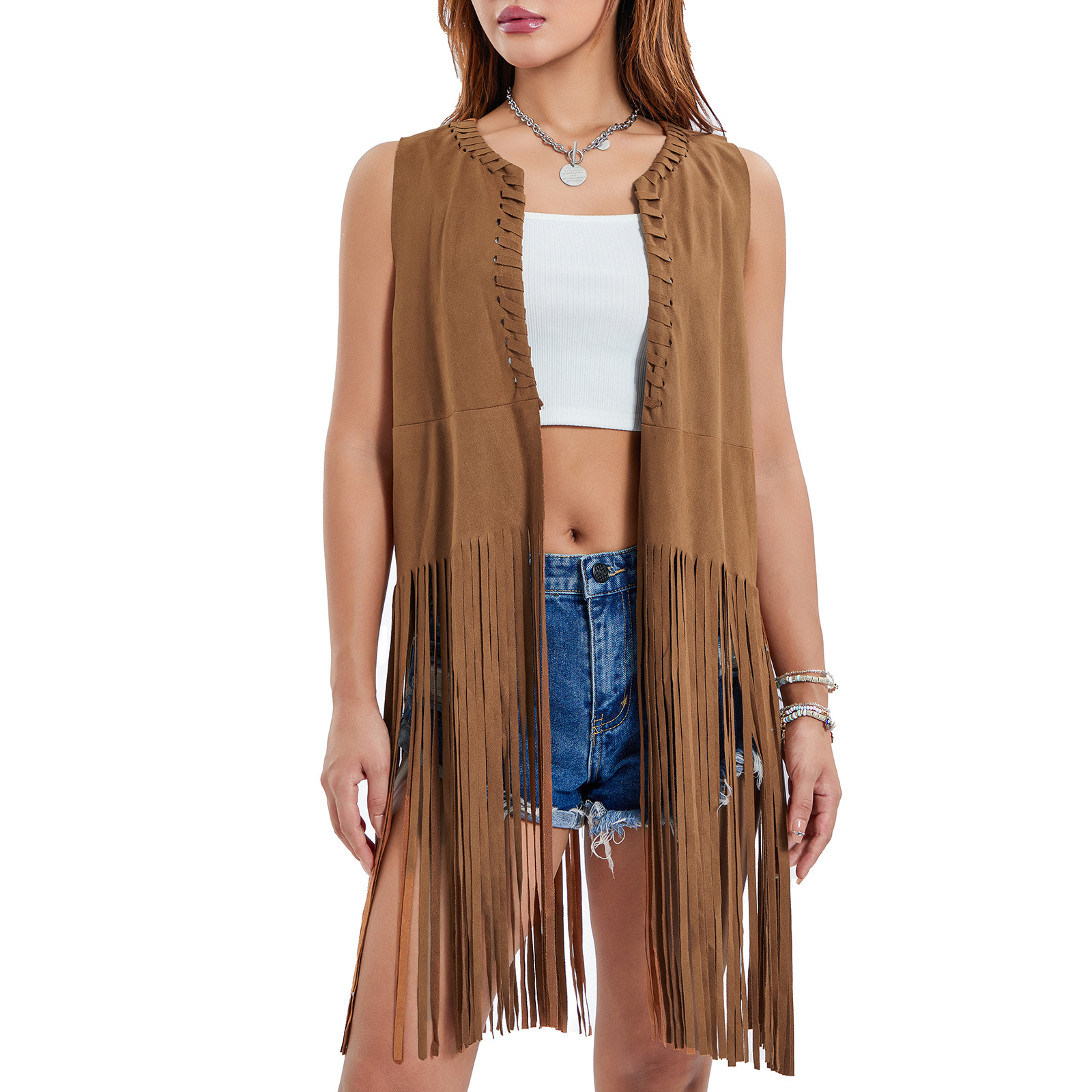 欧美风麂皮绒无袖长款流苏马甲背心男女开衫外套披肩shawl jacket