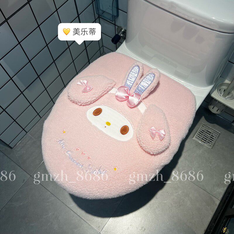 包邮】可爱粉兔子毛绒马桶垫套装二件套加厚保暖坐便器套家用通用