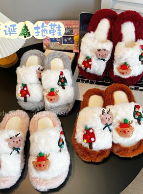 可爱雪人圣诞棉拖鞋女冬季室内