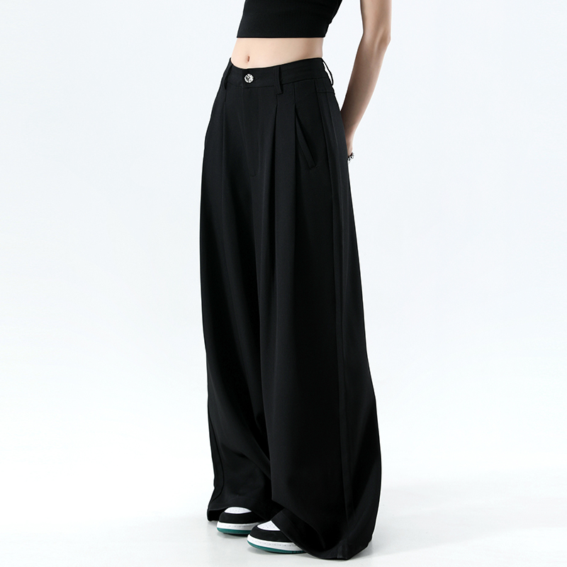 黑色西装阔腿裤女夏季薄款高腰褶皱宽松显瘦垂感直筒拖地休闲 �