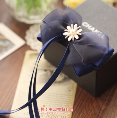 韩国蓝色雪纱蝴蝶结发夹原创发饰头花学院风发卡手工饰品顶夹1056