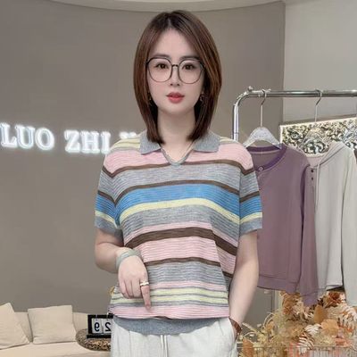 七彩条韵！26夏季轻薄透气彩色条纹POLO衫显白针织衫短袖T恤A8151