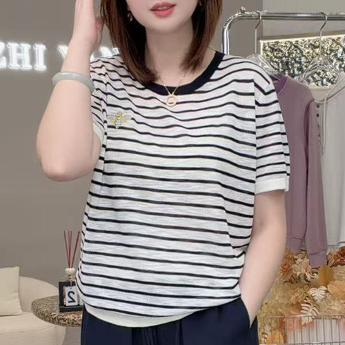 蜜蜂条纹T！夏季天丝亚麻条纹针织衫软糯显瘦百搭短袖T恤女A8235