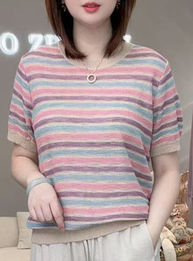 彩虹条纹T！夏季莱赛尔亚麻条纹针织衫休闲显瘦百搭短袖T恤A8250