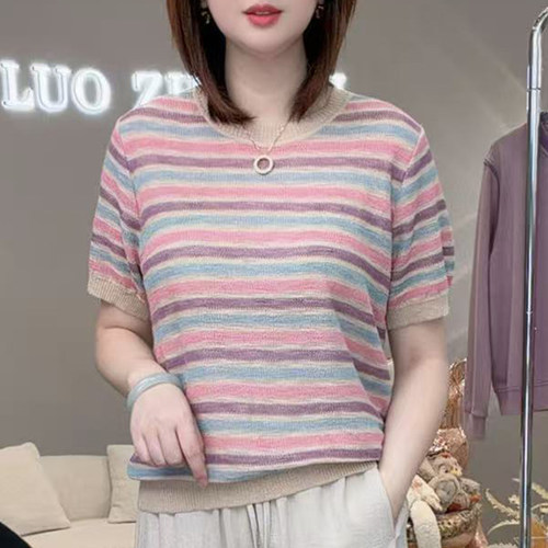 彩虹条纹T！夏季莱赛尔亚麻条纹针织衫休闲显瘦百搭短袖T恤A8250