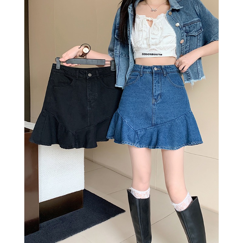 2025夏季新款胖mm大码荷叶边牛仔鱼尾半身裙高腰小个子短裙65322