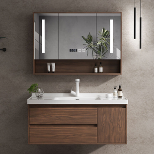 胡桃色浴室柜组合陶瓷一体盆卫生间洗手池洗脸盆实木 新客减新中式