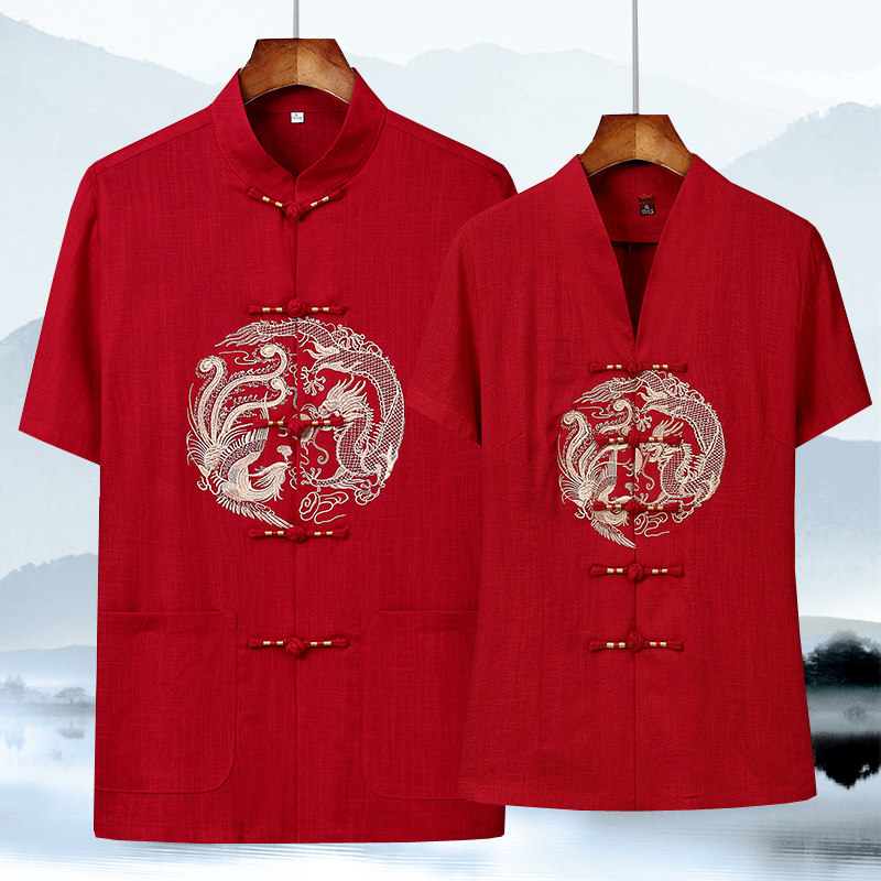 夏季中老年人情侣唐装男士短袖上衣爷爷奶奶过寿礼服中式棉麻服装