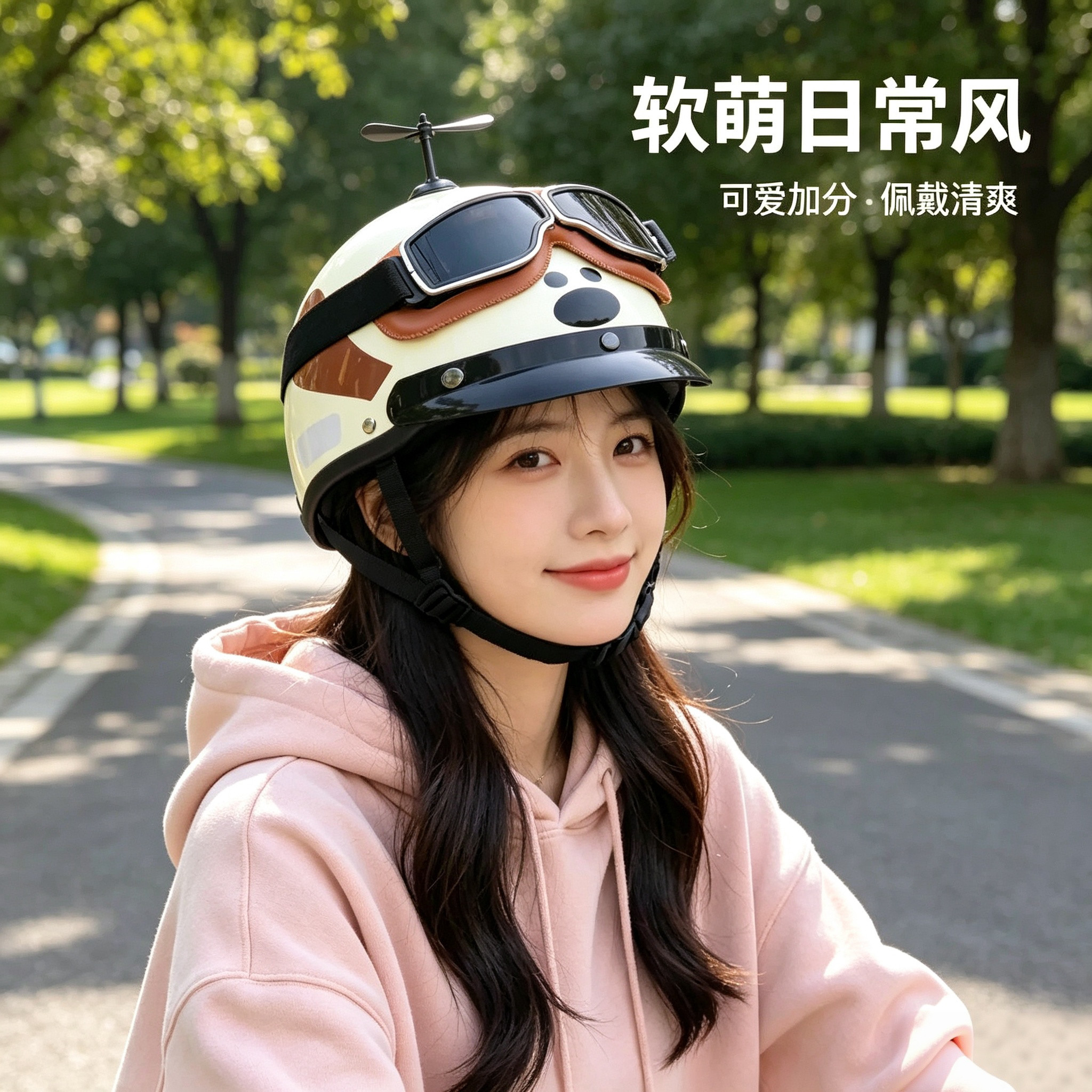 卡通小狗竹蜻蜓头盔男女电动车半盔复古风镜四季骑行防护安全帽