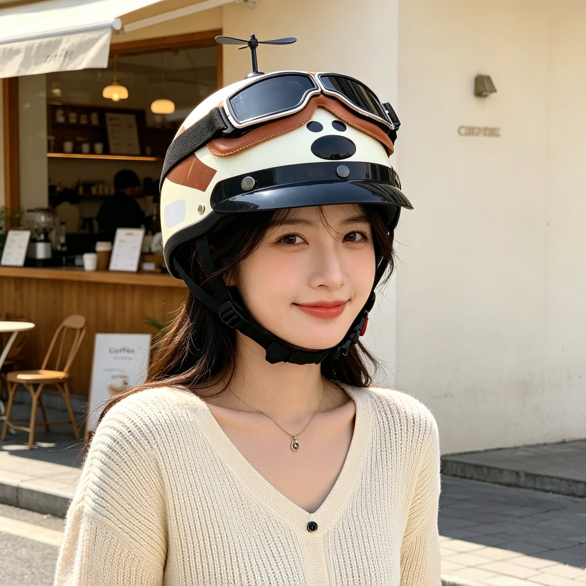 可爱狗狗印花竹蜻蜓头盔成人电动摩托车轻便防雾护目镜通勤半盔