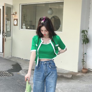 修身针织衫女短袖2022夏季新款两件套开衫毛衣吊带小背心短款上衣