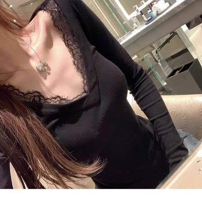 纯欲绝美白色蕾丝花边v领打底衫