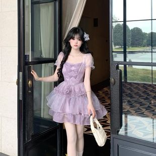 法式 小个子紫色泡泡收腰设计公主 高级甜美夏季 蓬蓬裙连衣裙新款