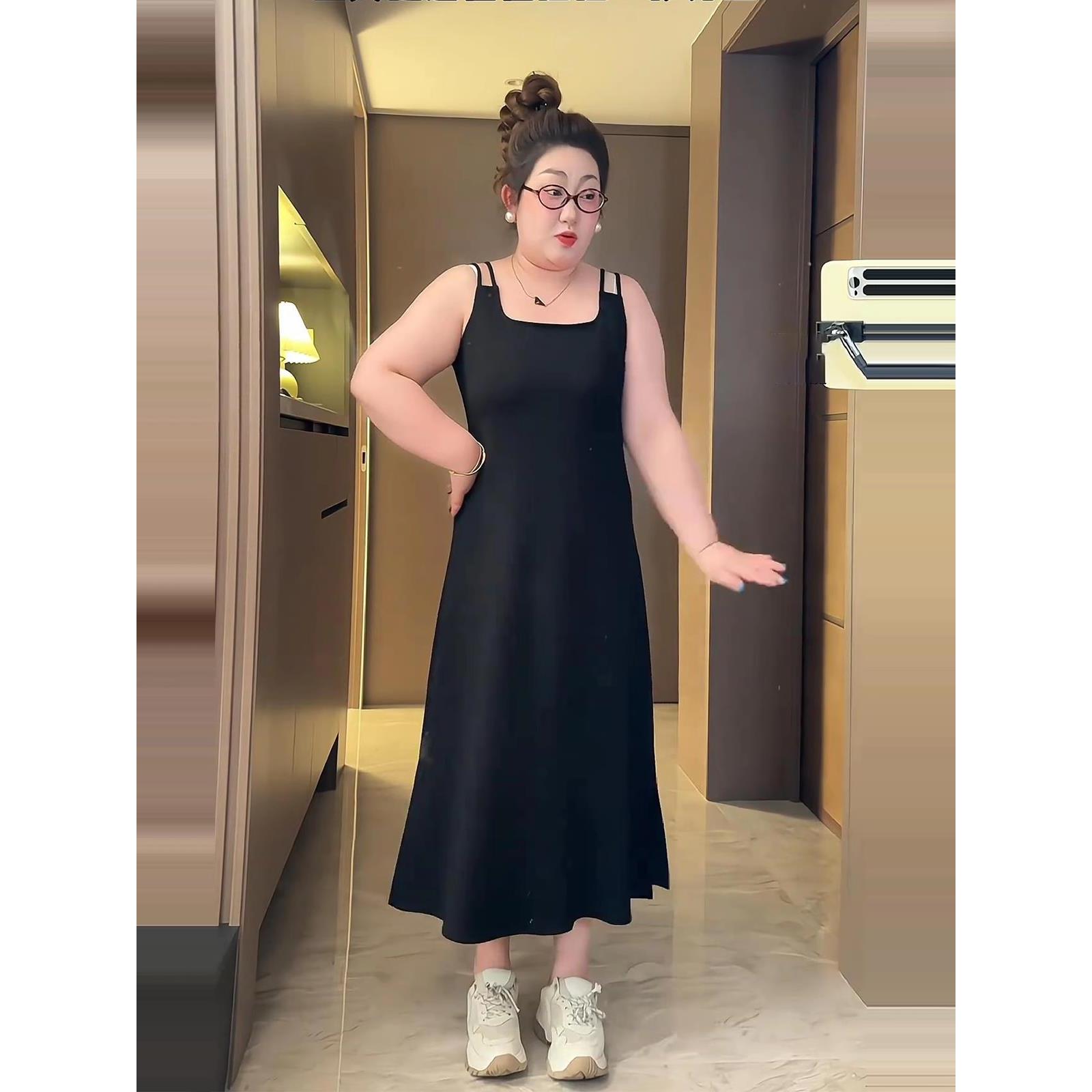 大码法式黑色吊带裙女夏季胖mm显瘦宽松背心裙a字遮肚子连衣裙子