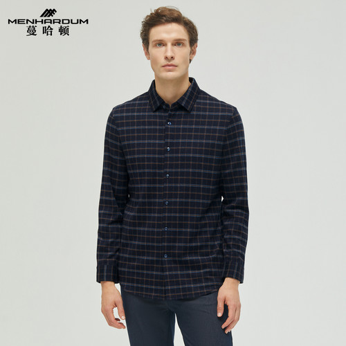 MENHARDUM/蔓哈顿秋冬新品绵羊毛混纺长袖T恤翻领开衫格子针织衫