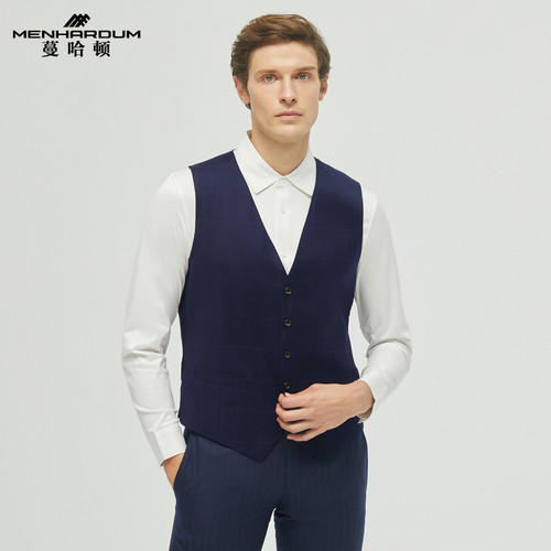 MENHARDUM/蔓哈顿秋冬新品西装马甲绵羊毛混纺格子V领商务西服男