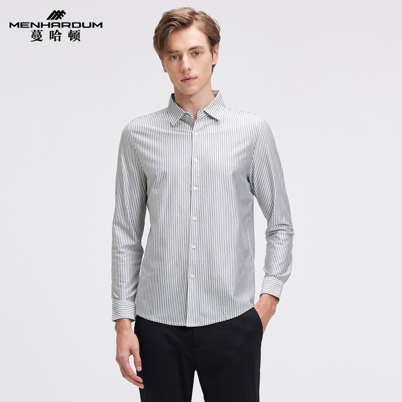 MENHARDUM/蔓哈顿春装新品纯棉长袖衬衫男竖条纹衬衣细条纹长衬男