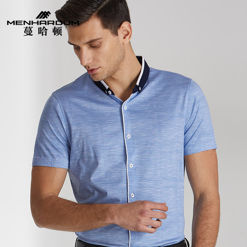 蔓哈顿翻领透气桑蚕丝撞色t恤衫