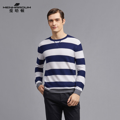 蔓哈顿男士条纹羊毛衫柔软弹力