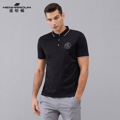 潮男士商务休闲纯色透气翻领t恤