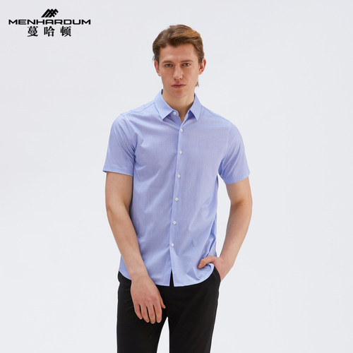 蔓哈顿通勤透气蓝色衬衣休闲短袖