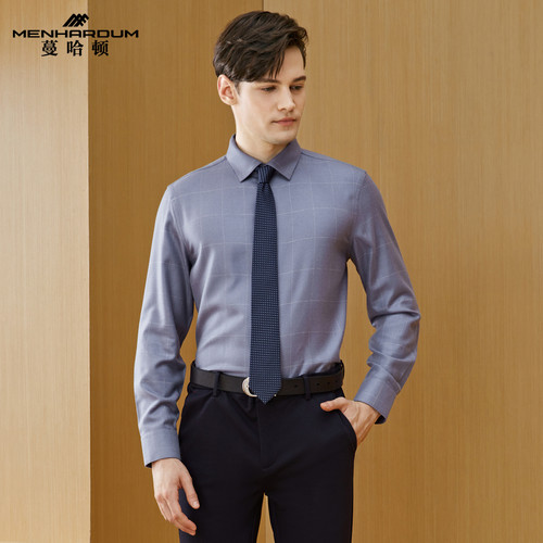 MENHARDUM/蔓哈顿秋冬新品商务男士长袖衬衫桑蚕丝混纺格子衬衣男
