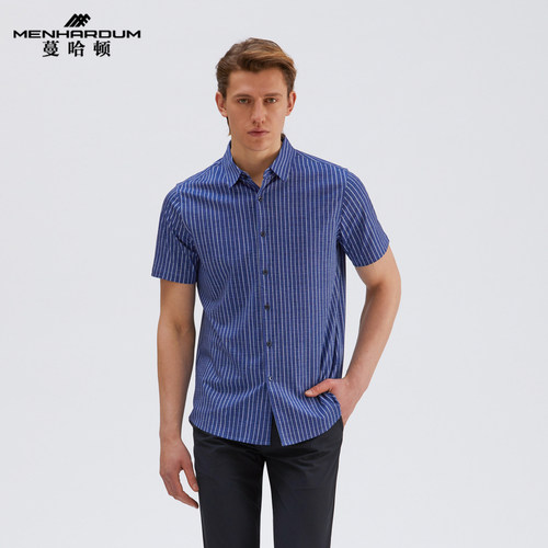 蔓哈顿商务通勤条纹衬衣休闲短袖