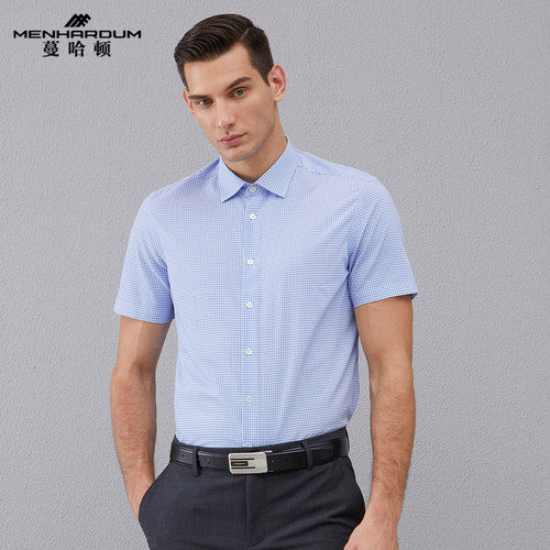 商务正装中年修身格纹短袖衬衫