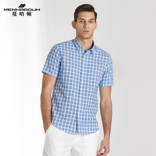 棉混纺男衬衫 格子衬衣时尚 蔓哈顿商务短袖 MENHARDUM