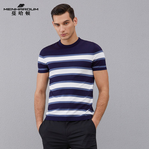 潮圆领套头针织条纹透气短袖上衣