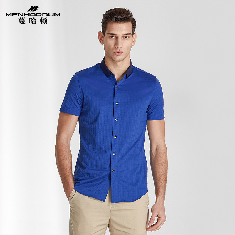 MENHARDUM/蔓哈顿商务男纯色暗格子短袖t恤棉混纺男衬衫T恤