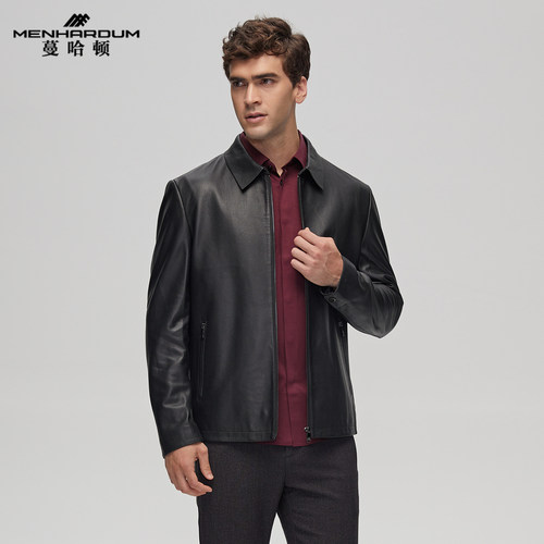 蔓哈顿男装秋季翻领商务真皮皮衣