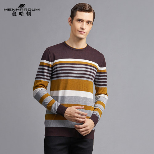 蔓哈顿秋冬新款男士圆领套头羊毛衫撞色条纹百搭针织衫毛衣