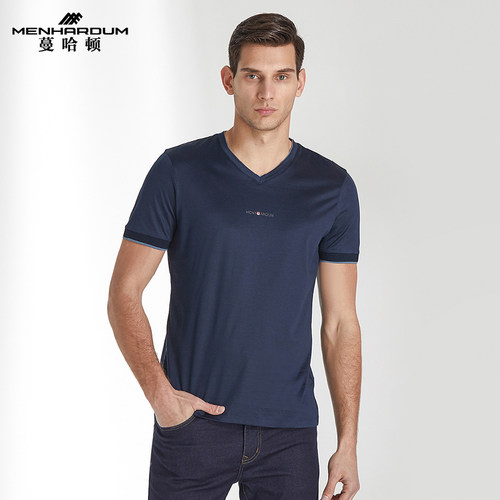 蔓哈顿领纯色混纺短袖t