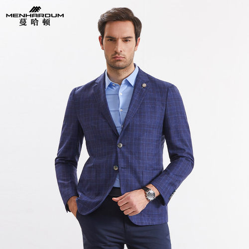哈顿春装西服绵羊毛混纺格子单西