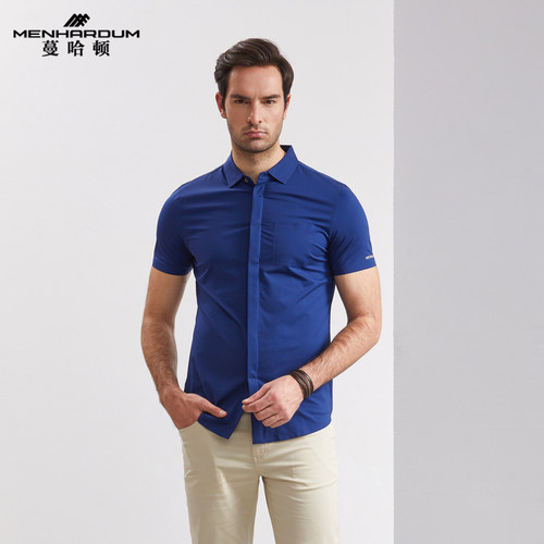 潮纯色修身暗扣商务短袖t恤衫