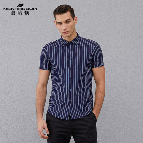 蔓哈顿夏季新款商务男士条纹开衫T恤中年爸爸翻领短袖上班潮流短T
