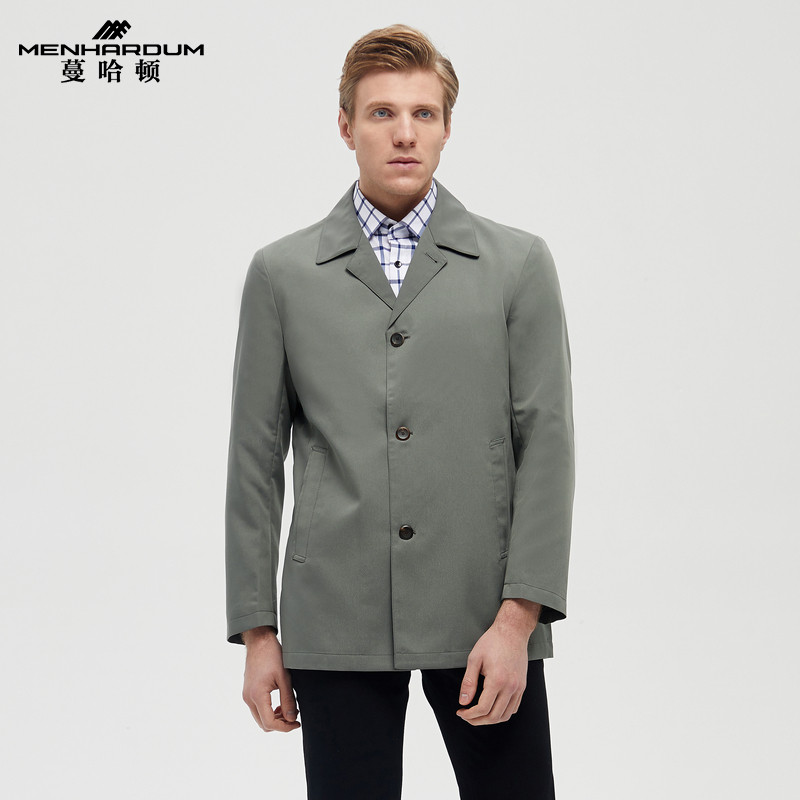 menhardum/蔓哈顿春季新品男士古巴领风衣单排扣时尚儒雅气质外套