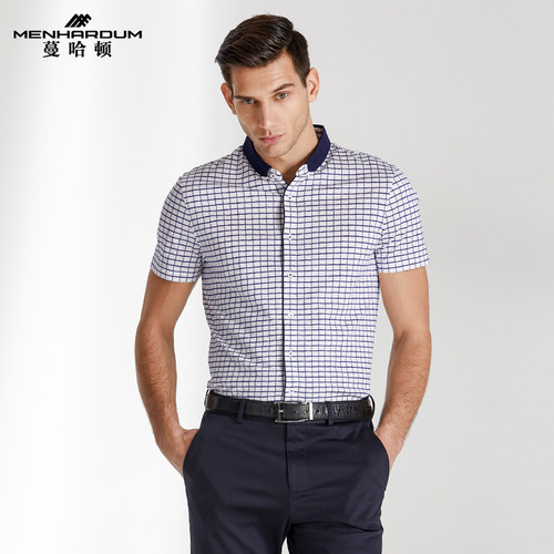 蔓哈顿衬衫翻领撞色男士修身