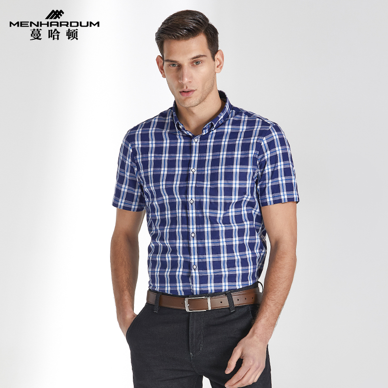 蔓哈顿透气吸湿格子潮短袖衬衫