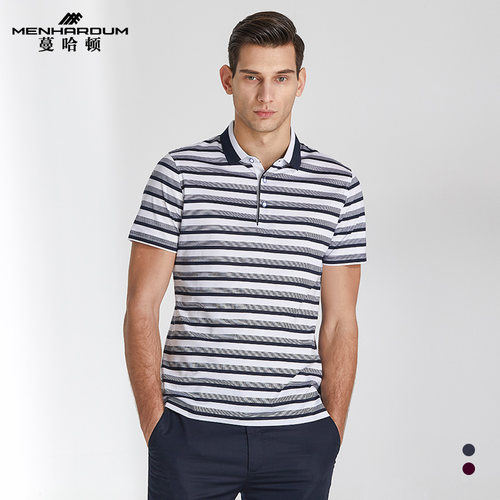 潮男士条纹百搭翻领宽松polo衫