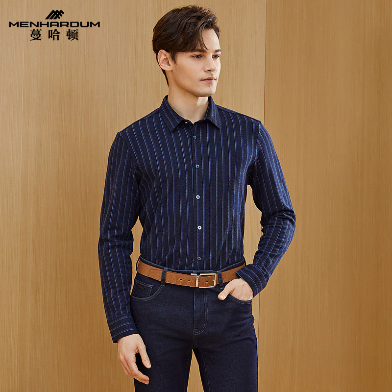 MENHARDUM/蔓哈顿秋冬新品竖条纹长袖T恤中年商务休闲翻领开衫长T,男装,T恤,淘宝优惠券,粉丝福利购,淘宝优惠卷