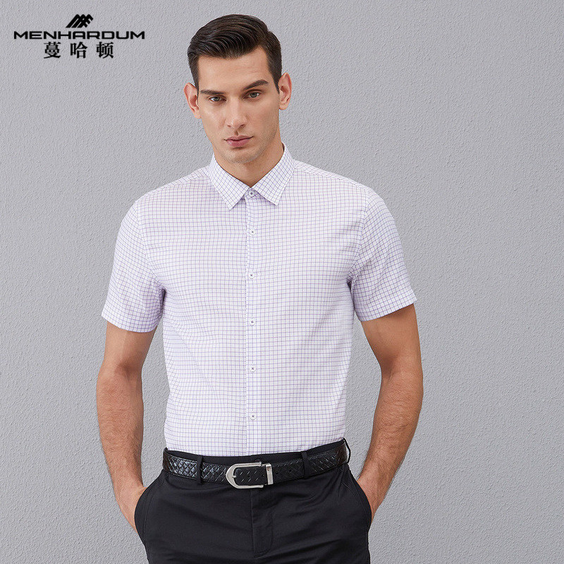 桑蚕丝混纺正装格子尖领短袖衬衫