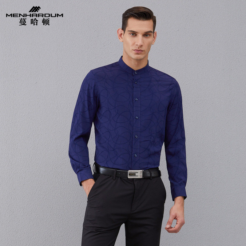 蔓哈顿春夏新款男士修身立领衬衣中年正装寸衫纯色长袖衬衫潮