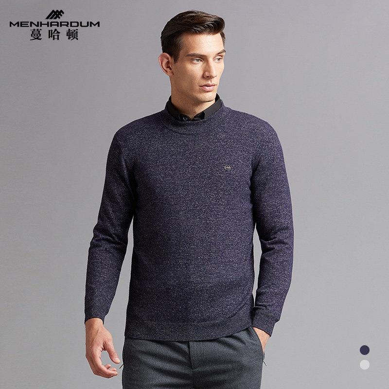 蔓哈顿秋冬新款男士圆领羊毛衫毛衣中年保暖针织衫装羊绒衫