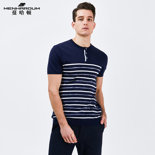 夏季短袖圆领纯棉百搭条纹针织衫