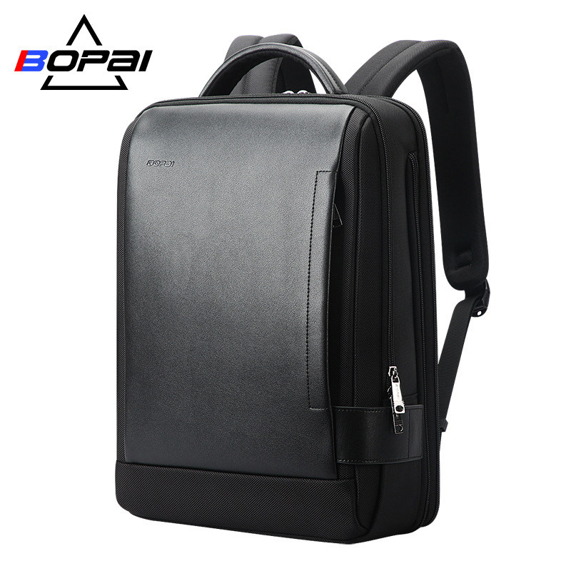 博牌男士双肩包商务通勤大容量电脑包多功能防水背包真皮出差旅行