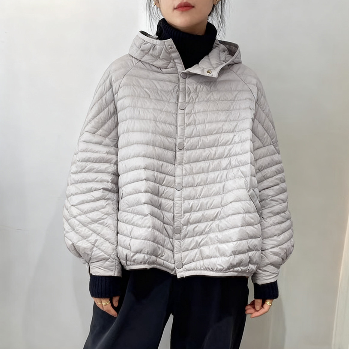 日系条纹小个子大码宽松轻薄羽绒棉服女冬2025连帽短款百搭外套